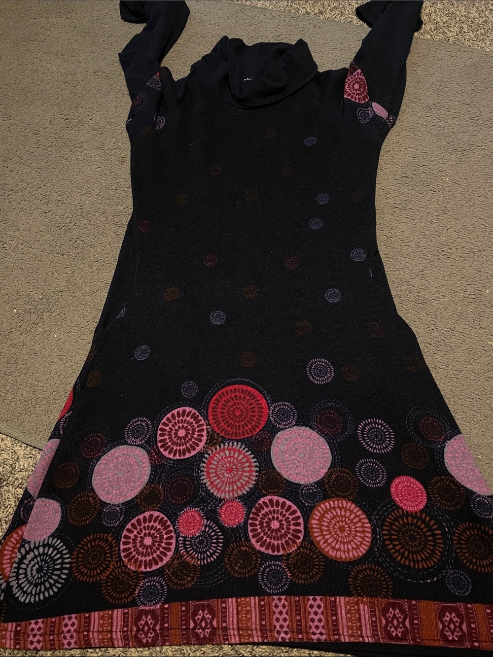 Black Long-Sleeve Turtleneck Dress with Pink & Red Circular Print